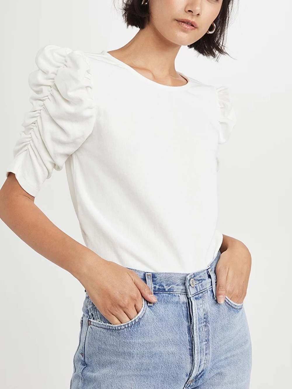 LOFT Ann Taylor Lightweight White Cotton Crewneck Puff Cinched 1/2 Sleeve Top S